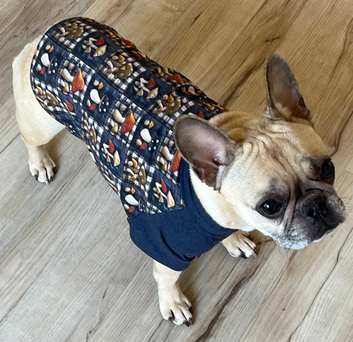 Navy & Gingham Mushroom Print Tee- Custom Designed French Bulldog T-Shirt