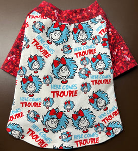 HERE COMES TROUBLE Print- Custom Designed French Bulldog T-Shirt