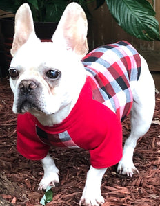 RED, BLACK & CREAM Plaid Tee- Custom Designed French Bulldog T-Shirt