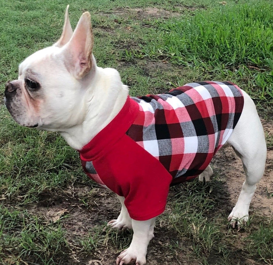 RED, BLACK & CREAM Plaid Tee- Custom Designed French Bulldog T-Shirt